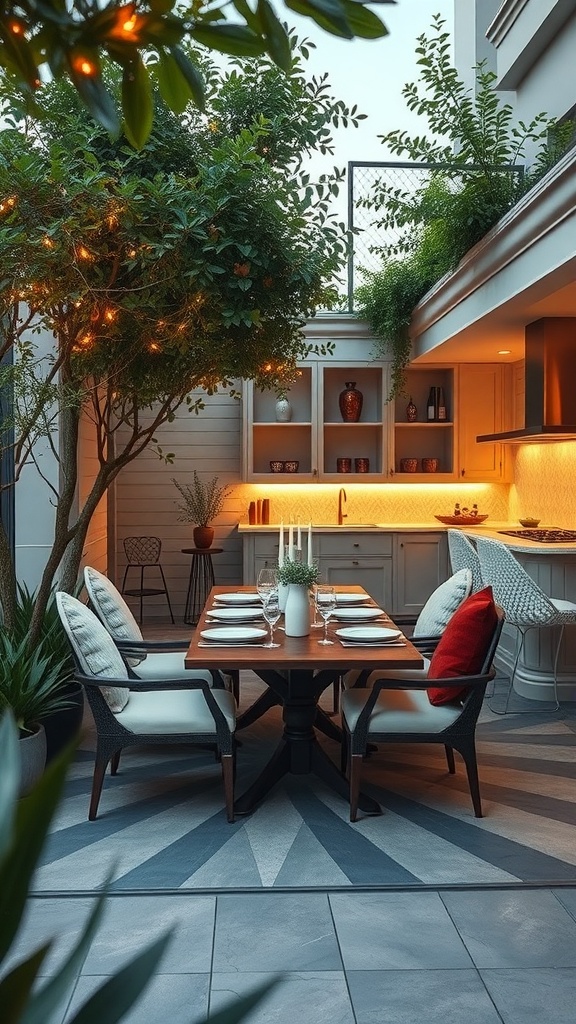 A stylish outdoor dining area featuring a wooden table, comfortable chairs, and lush greenery.