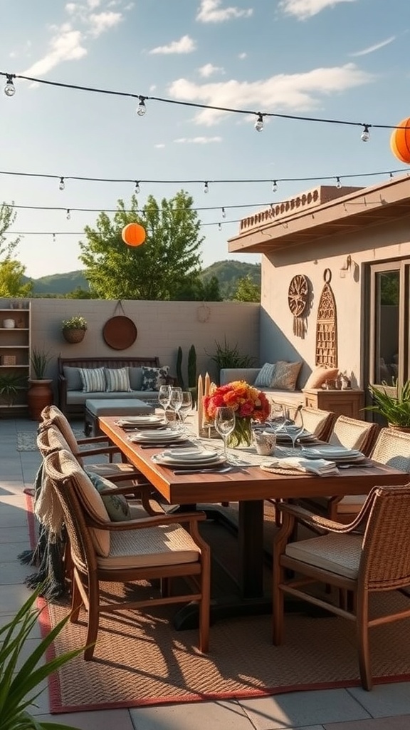 A beautifully arranged outdoor dining table with wooden furniture, fresh flowers, and string lights.