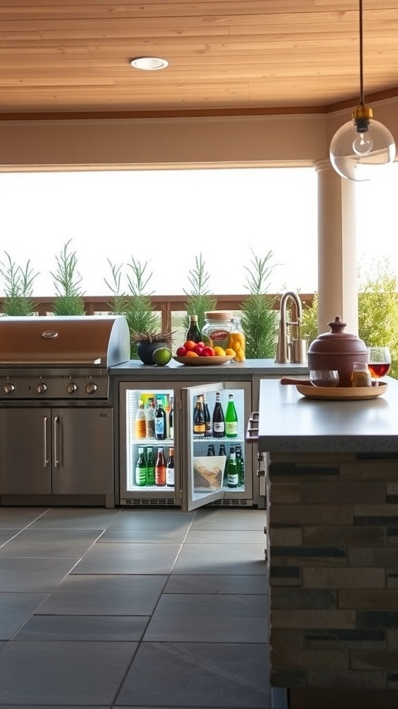 Stylish outdoor kitchen featuring a modern refrigerator stocked with drinks, a grill, and a countertop with fresh fruits.