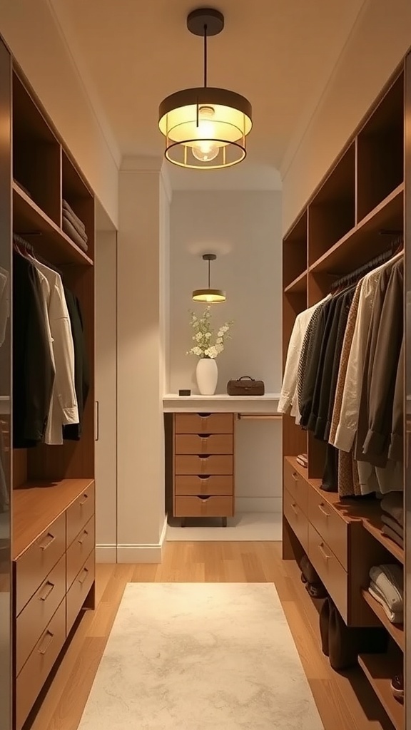 A stylish walk-in closet featuring pendant lighting and wooden storage.