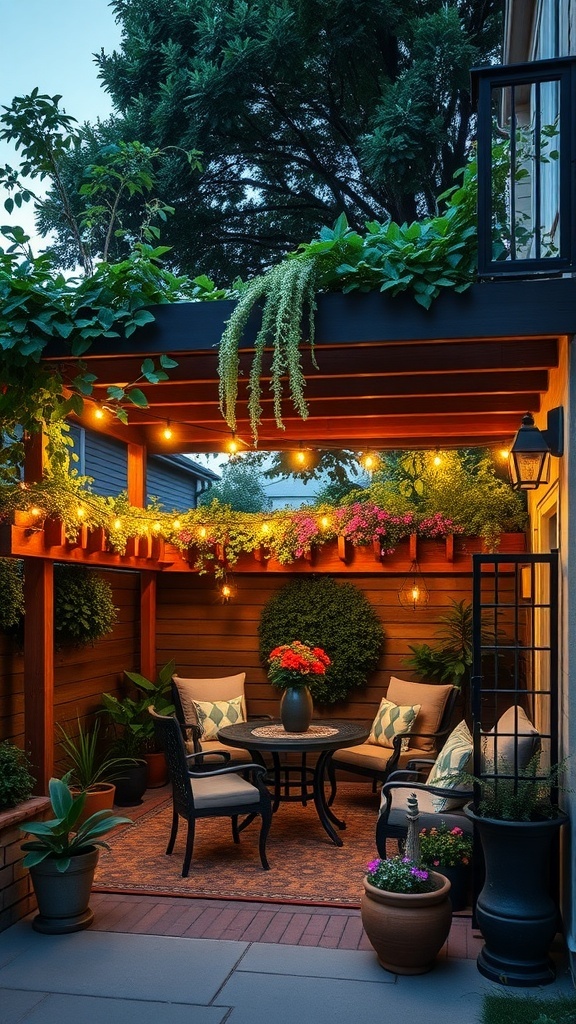 Cozy backyard patio with a wooden pergola, comfortable seating, colorful flowers, and warm string lights.