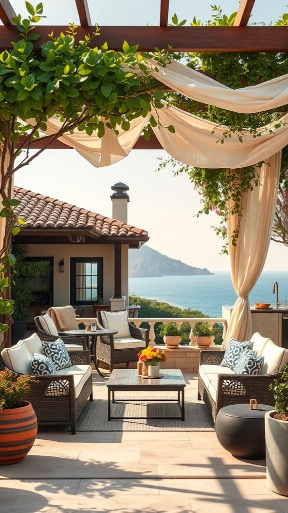 Eine stilvolle Pergola mit Kletterpflanzen, gemütlichen Sitzgelegenheiten und Blick auf das Meer.