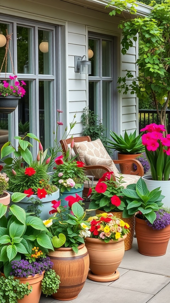 A variety of colorful planters filled with flowers on a patio.