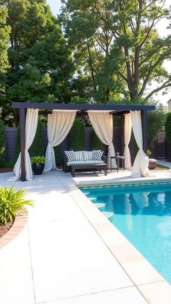 Stylish poolside cabana with curtains and seating near a pool