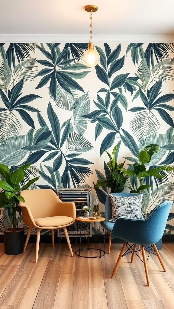 A cozy corner featuring stylish removable wallpaper with green leaves, two modern chairs, and a small table.