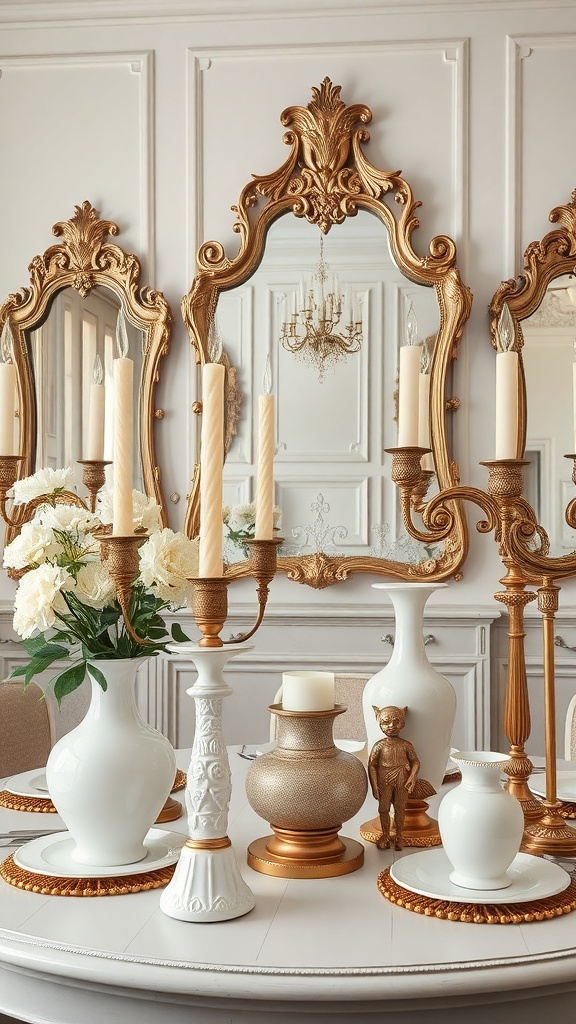 A beautifully arranged Rococo-style table featuring elegant vases, candle holders, and ornate mirrors.