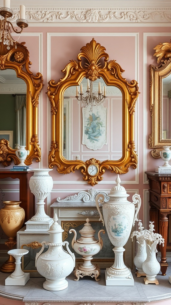 A collection of Rococo-style accessories including ornate mirrors and elegant vases.