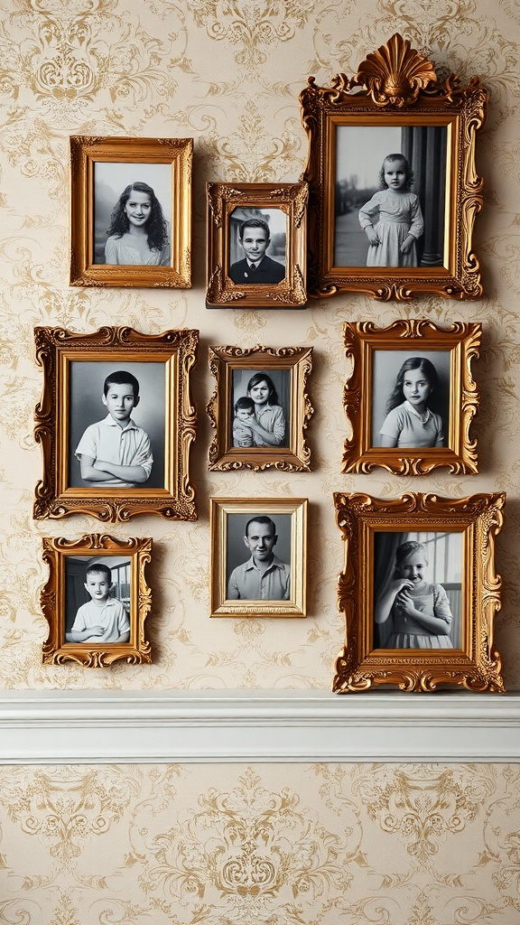 A collection of vintage Rococo picture frames arranged on a wall, displaying black-and-white photographs.