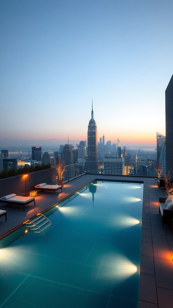 Stylish rooftop pool with city skyline views at sunset