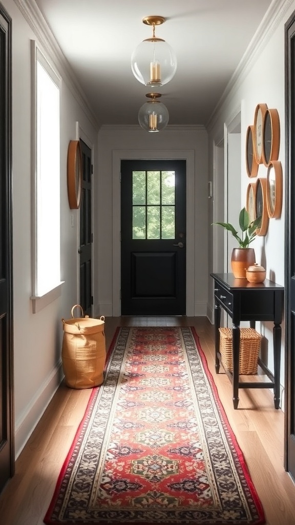 A stylish hallway featuring a colorful runner rug, black doors, and decorative elements.