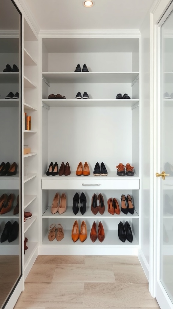 A stylish shoe storage closet with organized shelves displaying various pairs of shoes.