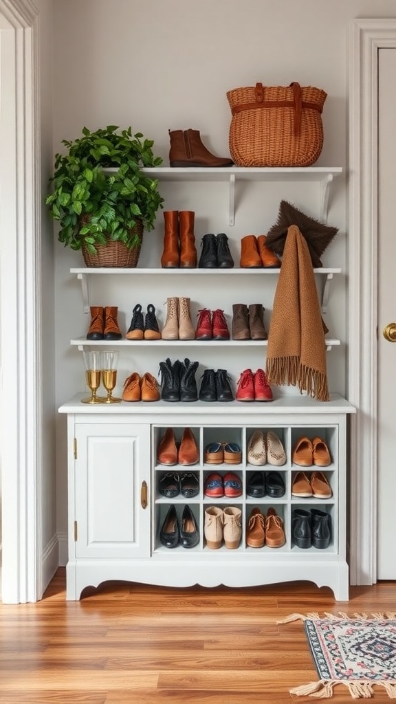 Stylish shoe storage with a white cabinet, shelves, and decorative items.