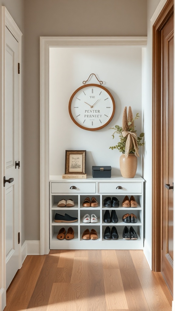 Stylish shoe storage in a modern entryway with a clock and decorative plants.