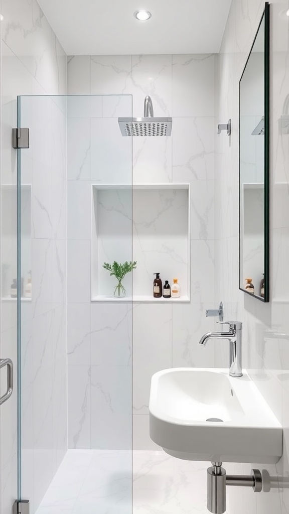 Modern shower niche with marble tiles and a small plant