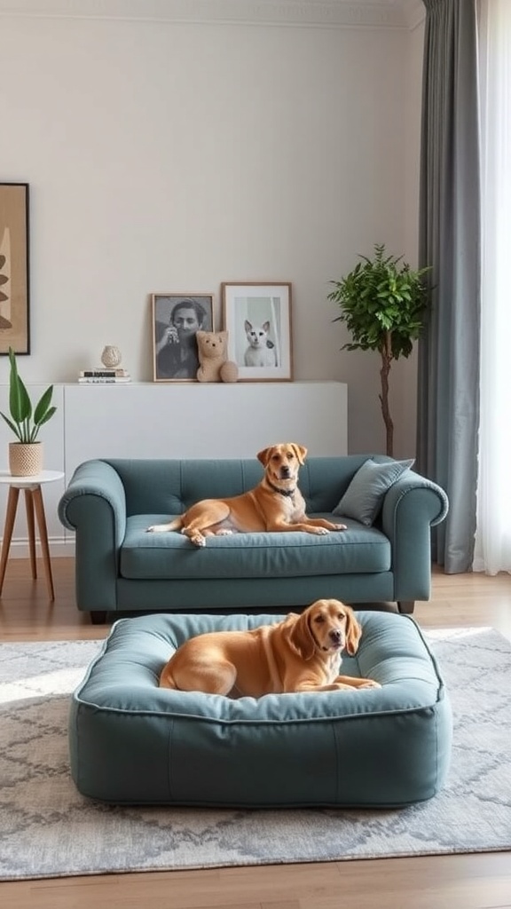 Two dogs relaxing on a stylish sofa and a plush dog bed in a modern living room.