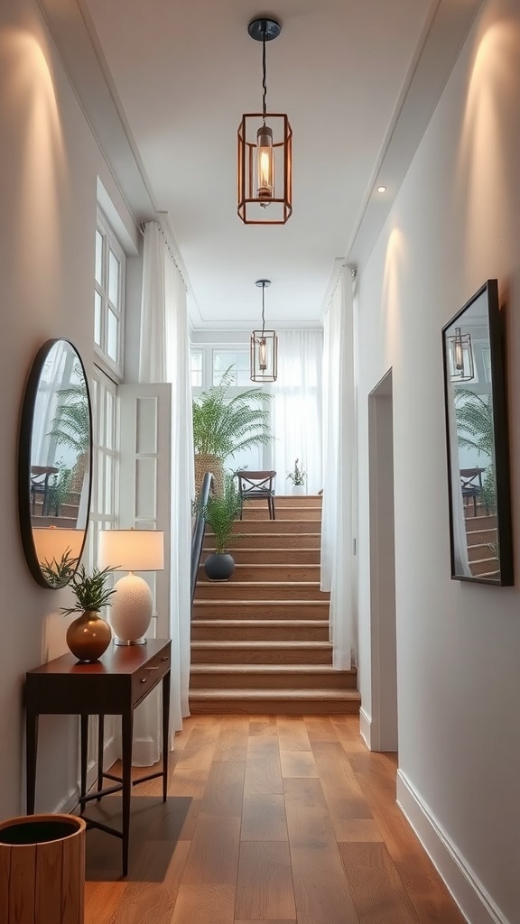 Stylish narrow hallway with staircase, plants, and decorative lighting