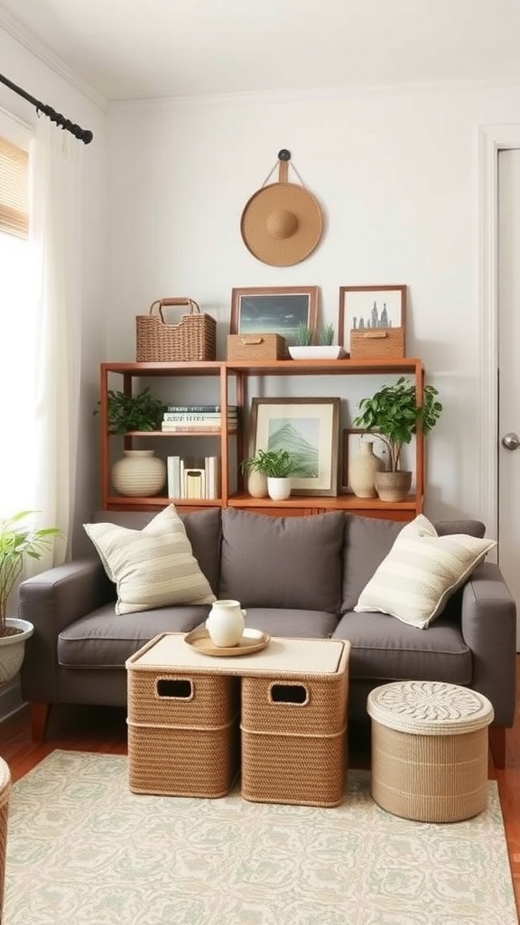 A cozy living room with stylish storage bins and baskets, featuring a sofa, decorative pillows, and a shelving unit.