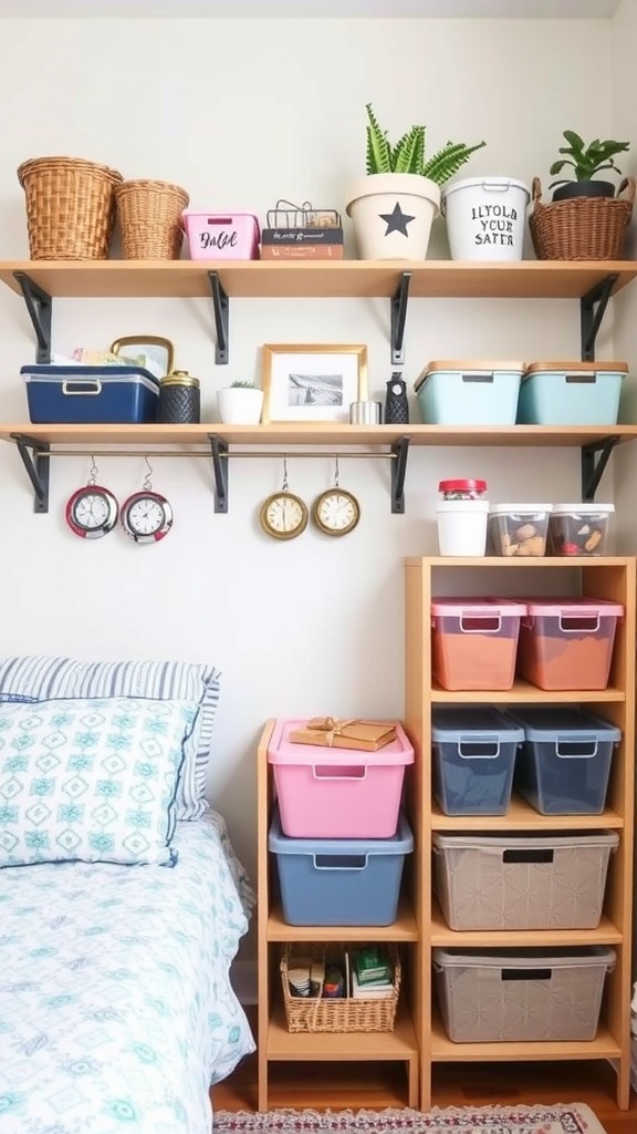 A stylish DIY storage unit featuring wooden shelves and clear bins, showcasing a mix of decorative items and plants.