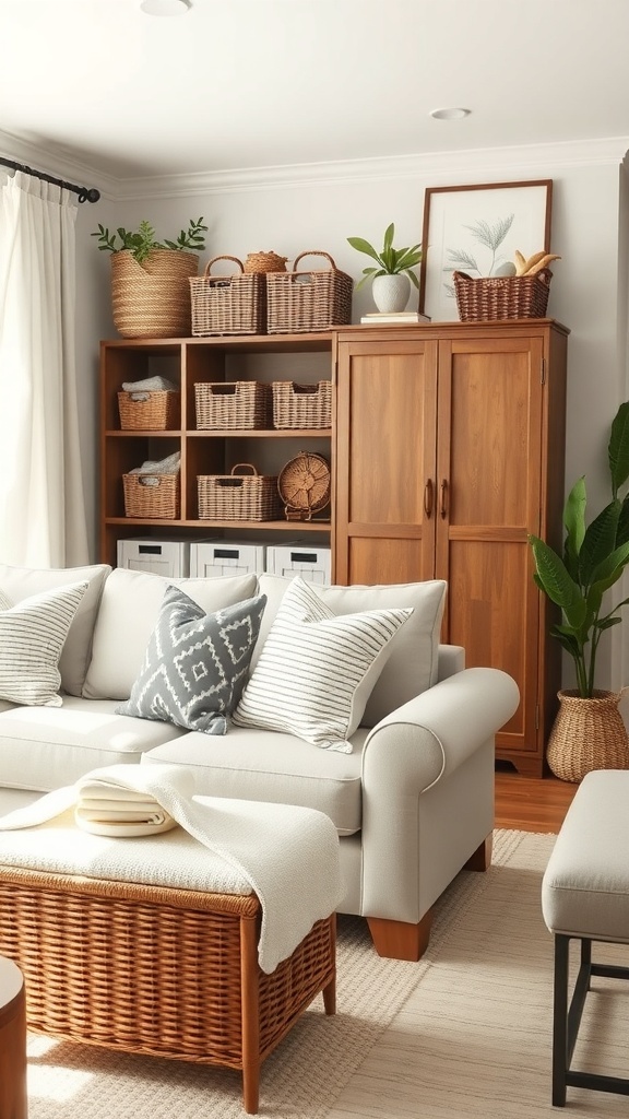 A stylish farmhouse living room featuring a white cabinet, woven baskets, and a cozy sofa.