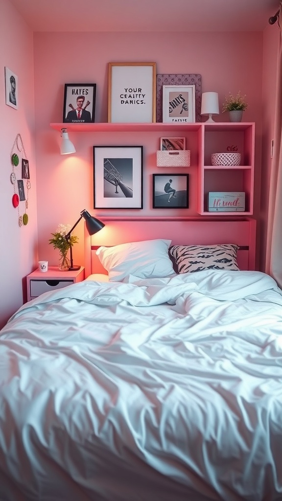 A cozy teen girl bedroom featuring pink walls, stylish storage shelves, and a neatly made bed.