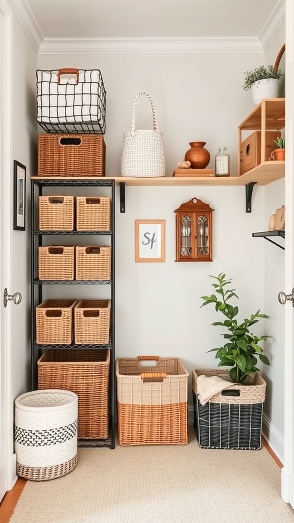A well-organized corner with various storage baskets and shelves.