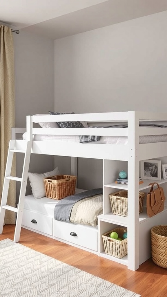 A cozy loft bed with a wooden frame and stylish storage underneath, featuring open shelves and woven baskets.