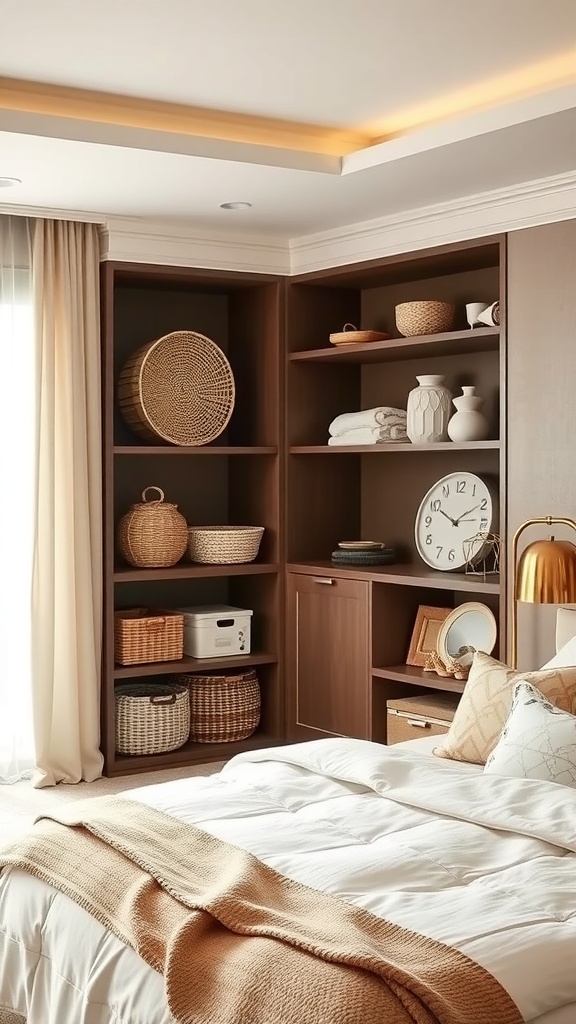 Stylish bedroom storage with woven baskets and shelves.