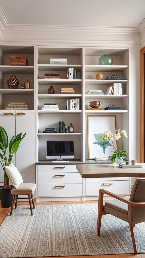 Stylish home office with built-in shelving, a wooden desk, and a comfortable chair.
