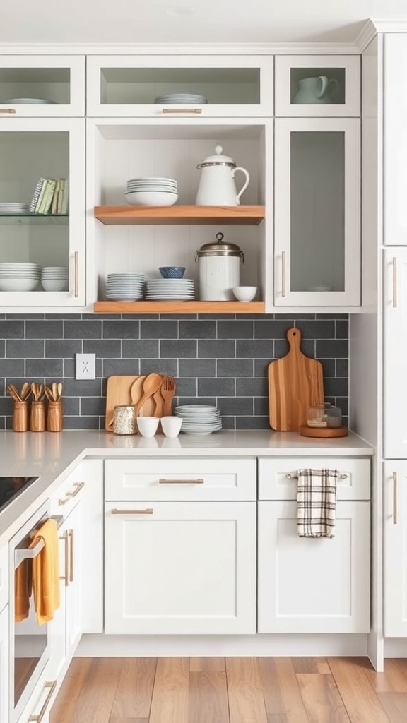 Stylish kitchen with open shelving and organized storage solutions