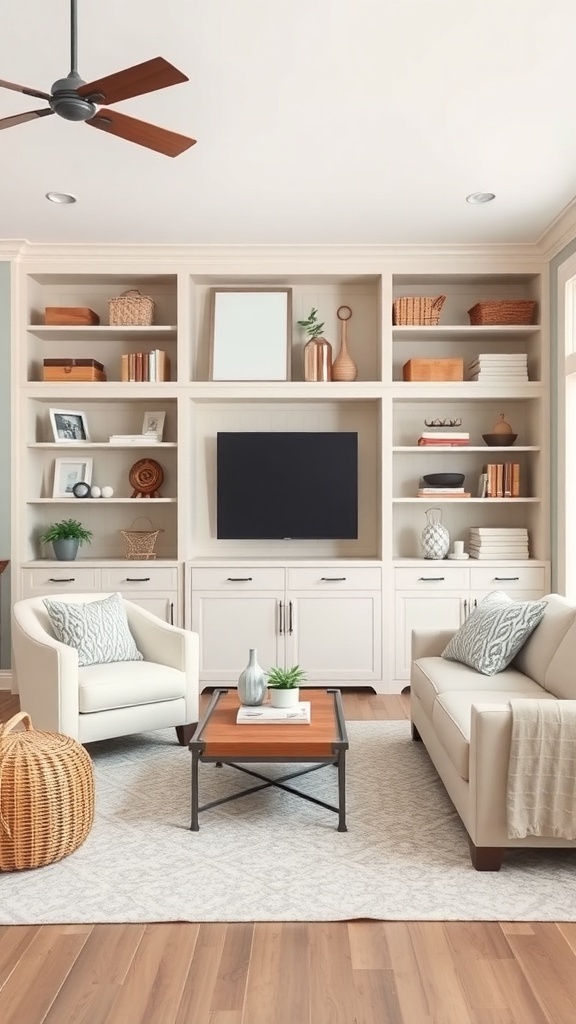 A stylish living room with built-in shelves, comfortable seating, and decorative storage solutions.