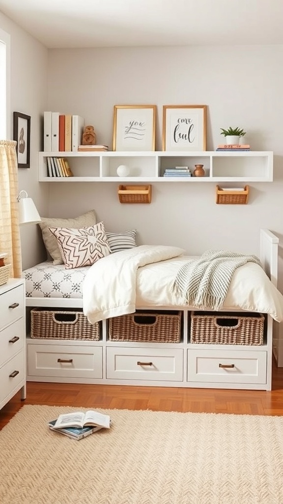 Cozy dorm room corner with a bed featuring storage drawers and decorative shelf.