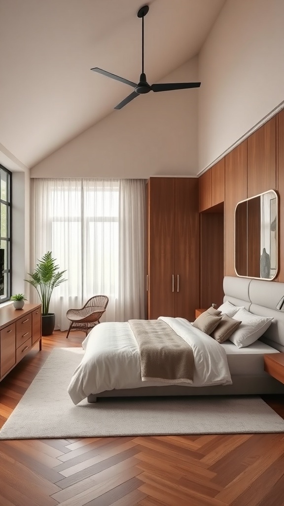 Stylish bedroom with wooden storage solutions and natural light