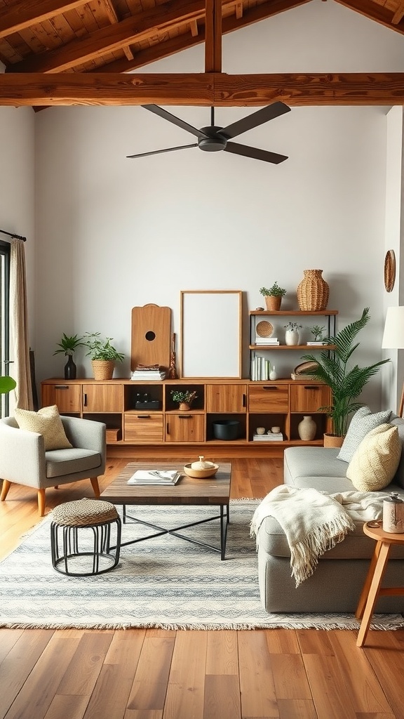 A cozy living room featuring stylish storage solutions with wooden shelves, gray furniture, and a warm atmosphere.