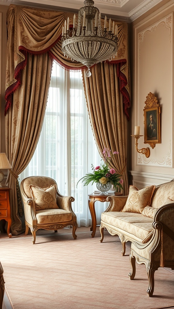 A beautifully styled Rococo interior featuring ornate furniture, elegant curtains, and a chandelier.