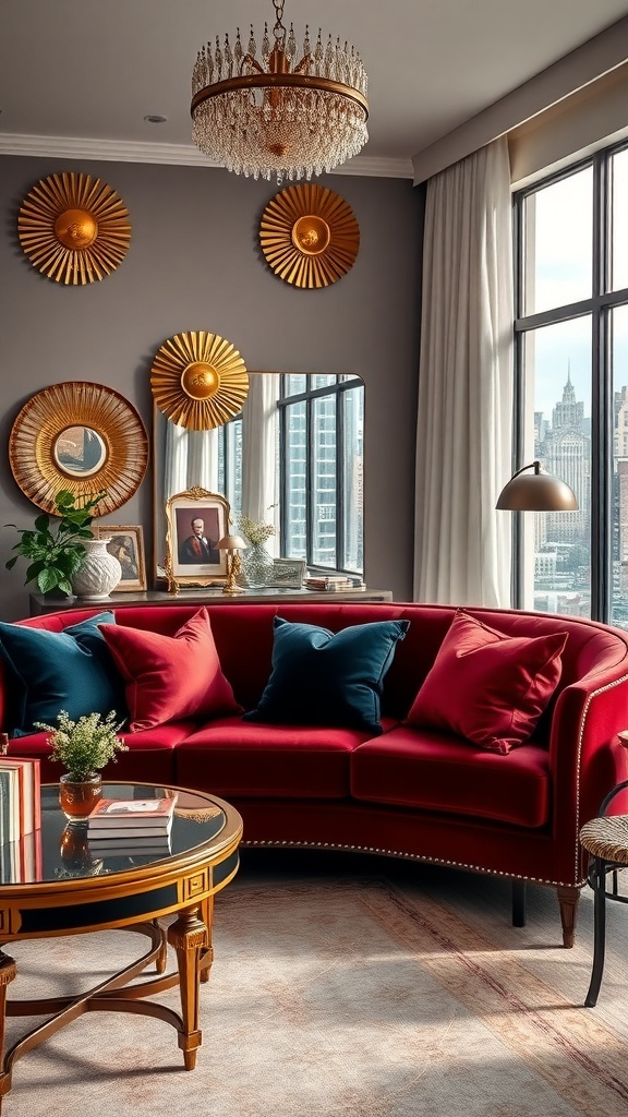 A stylish living room featuring a red sofa with jewel-toned throw pillows, geometric accents, and elegant decor.