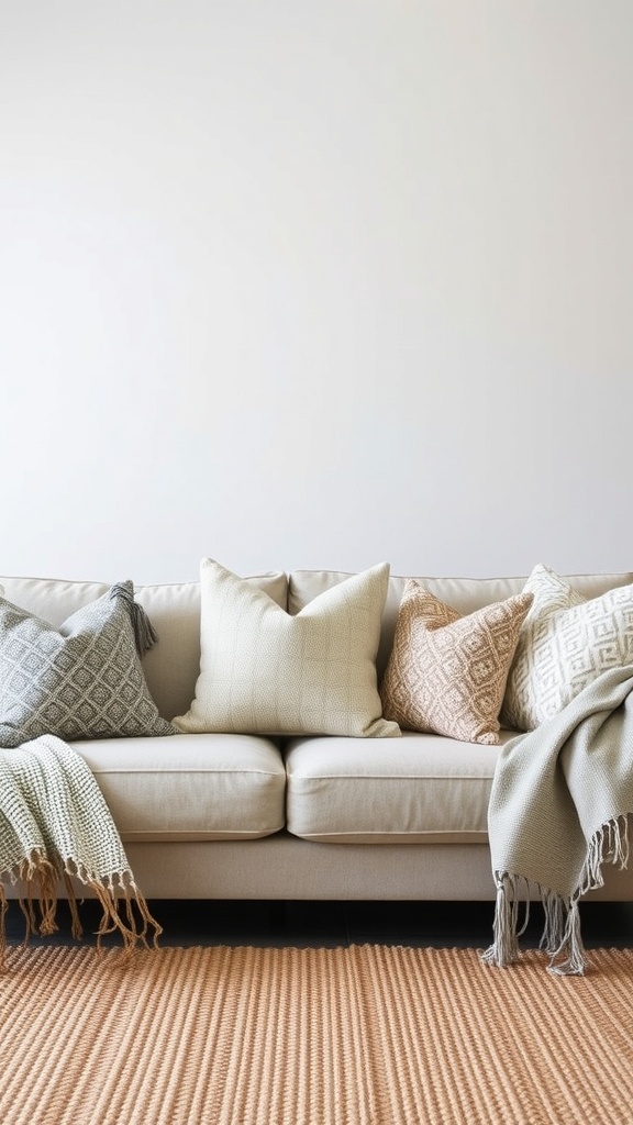 A cozy living room with a light-colored sofa adorned with stylish throw pillows and a soft blanket.