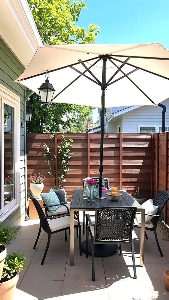 A stylish patio with a large umbrella providing shade over a dining table and chairs, surrounded by plants.