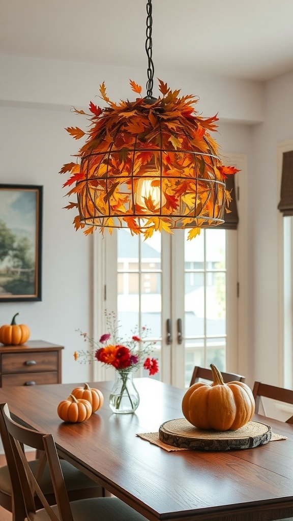 A stylish light fixture decorated with autumn leaves hanging above a dining table with pumpkins and flowers.