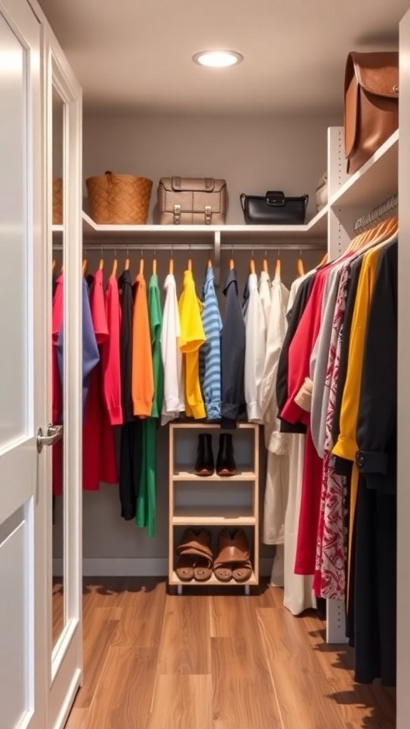 Stylish walk-in closet featuring color-coordinated clothing and organized shelving.
