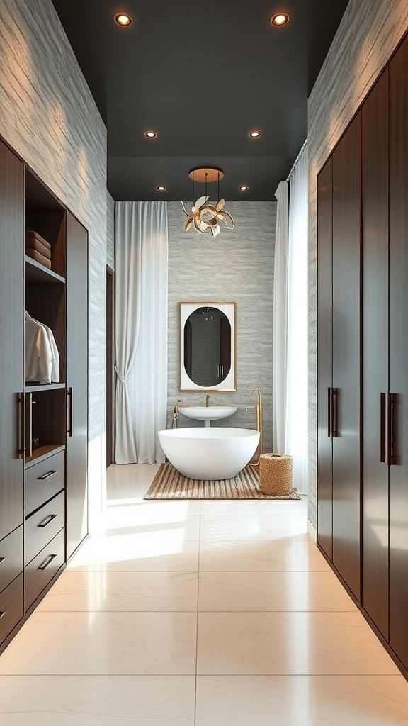 Stylish walk-through closet leading to a luxurious bathroom with textured walls and modern decor.