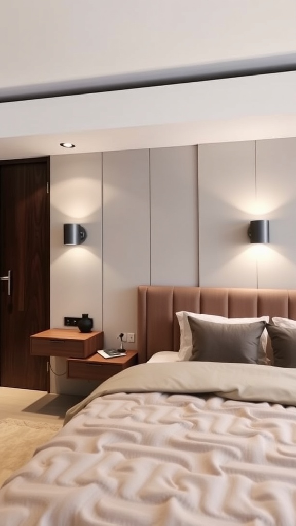 A stylish bedroom featuring wall-mounted lamps and decorative elements.