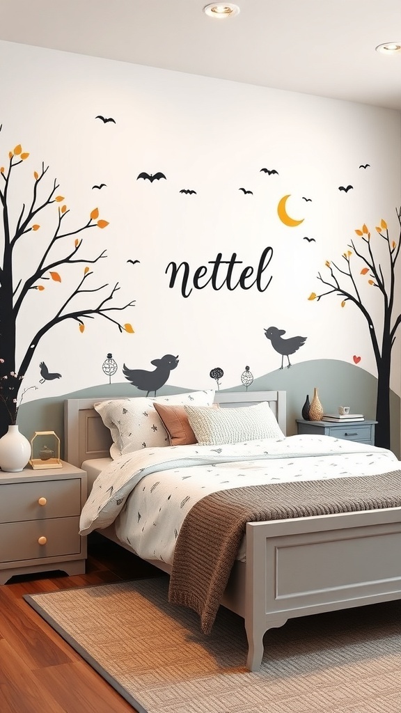 A cozy bedroom with stylish wall decals featuring tree silhouettes and birds.