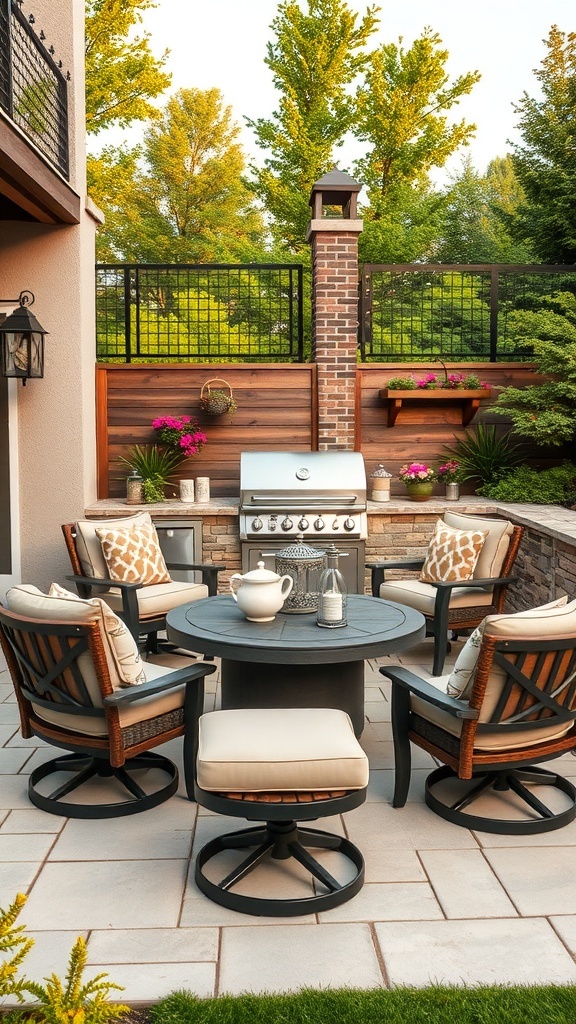 Stylish outdoor kitchen with weatherproof furniture, featuring a round table and swivel chairs surrounded by greenery.