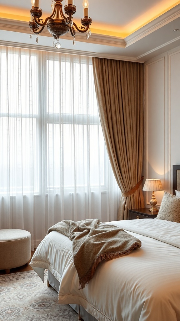 A luxurious bedroom featuring stylish window treatments with sheer and heavy drapes.