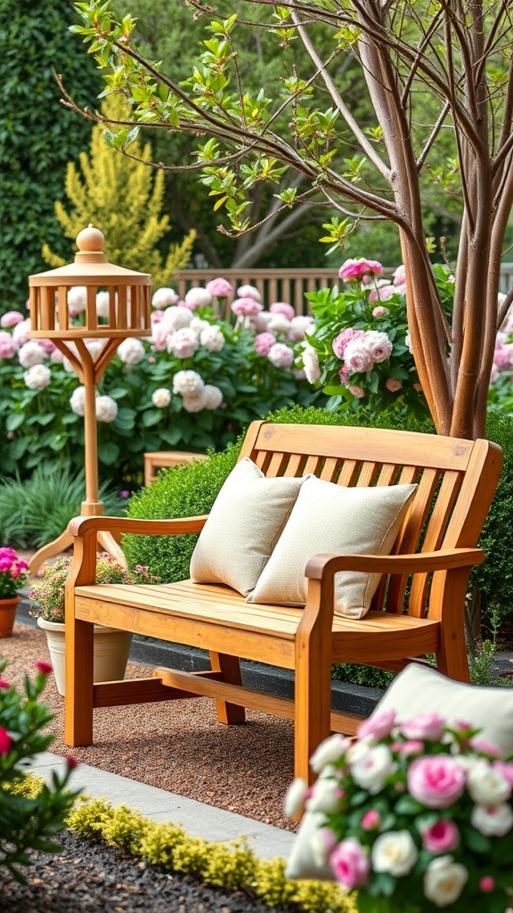 A stylish wooden bench with cushions in a garden surrounded by flowers
