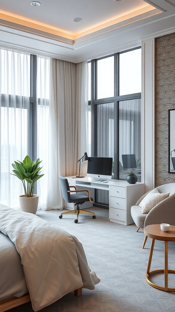 A stylish workspace corner in a luxury bedroom featuring a modern desk, comfortable chair, and large windows.