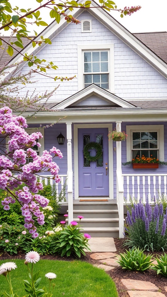 A charming house with lavender siding and a matching front door, surrounded by colorful flowers and greenery.