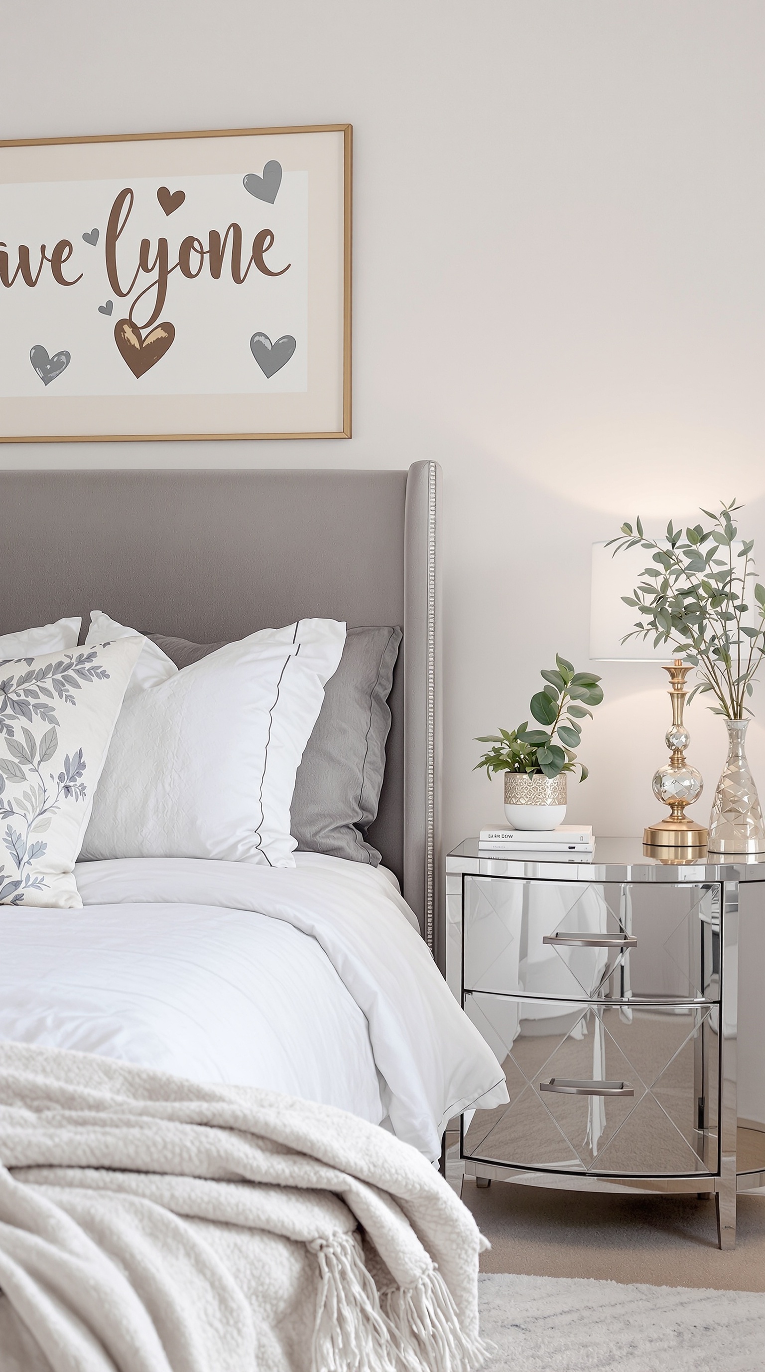 A stylish bedroom featuring a gold light fixture, neutral bedding, and a warm color palette.