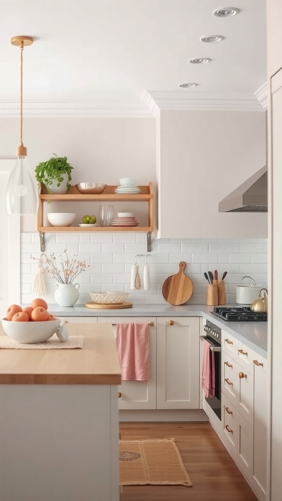 Modern pink kitchen interior with neutral tones and subtle pink accents.