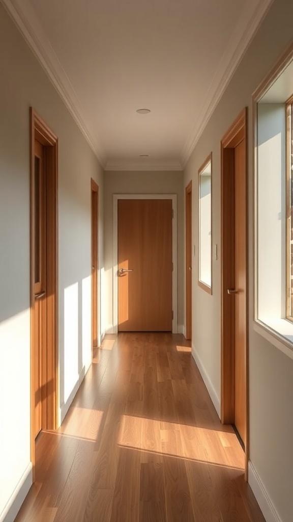 A bright and inviting hallway in a bungalow with wooden doors and natural light.